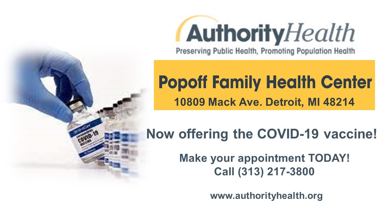 Advertisement for Popoff Family Health Center offering flu shots in Detroit.