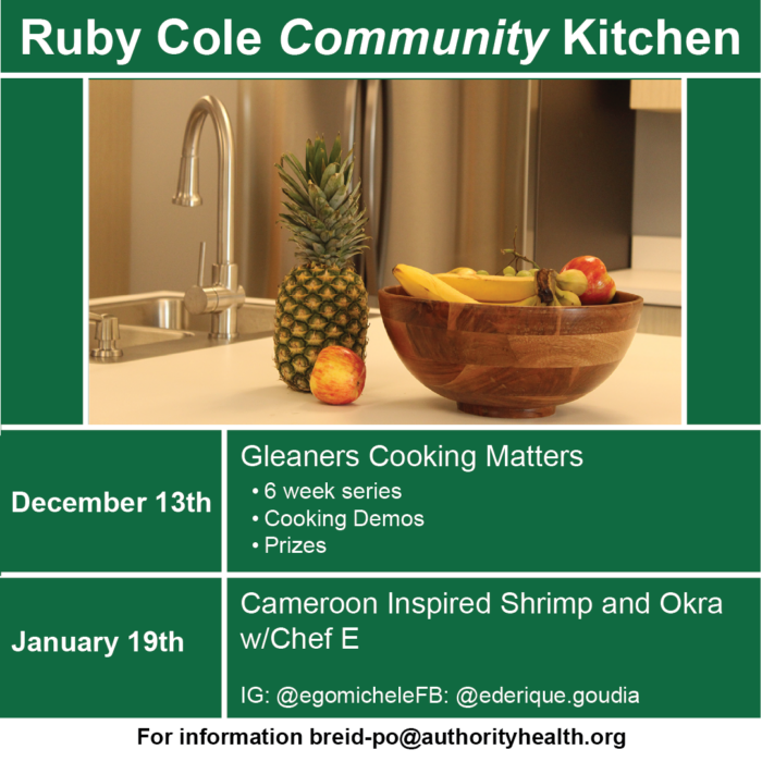 Ruby Cole Community Kitchen hosts cooking demos on Dec 13 and Jan 19.