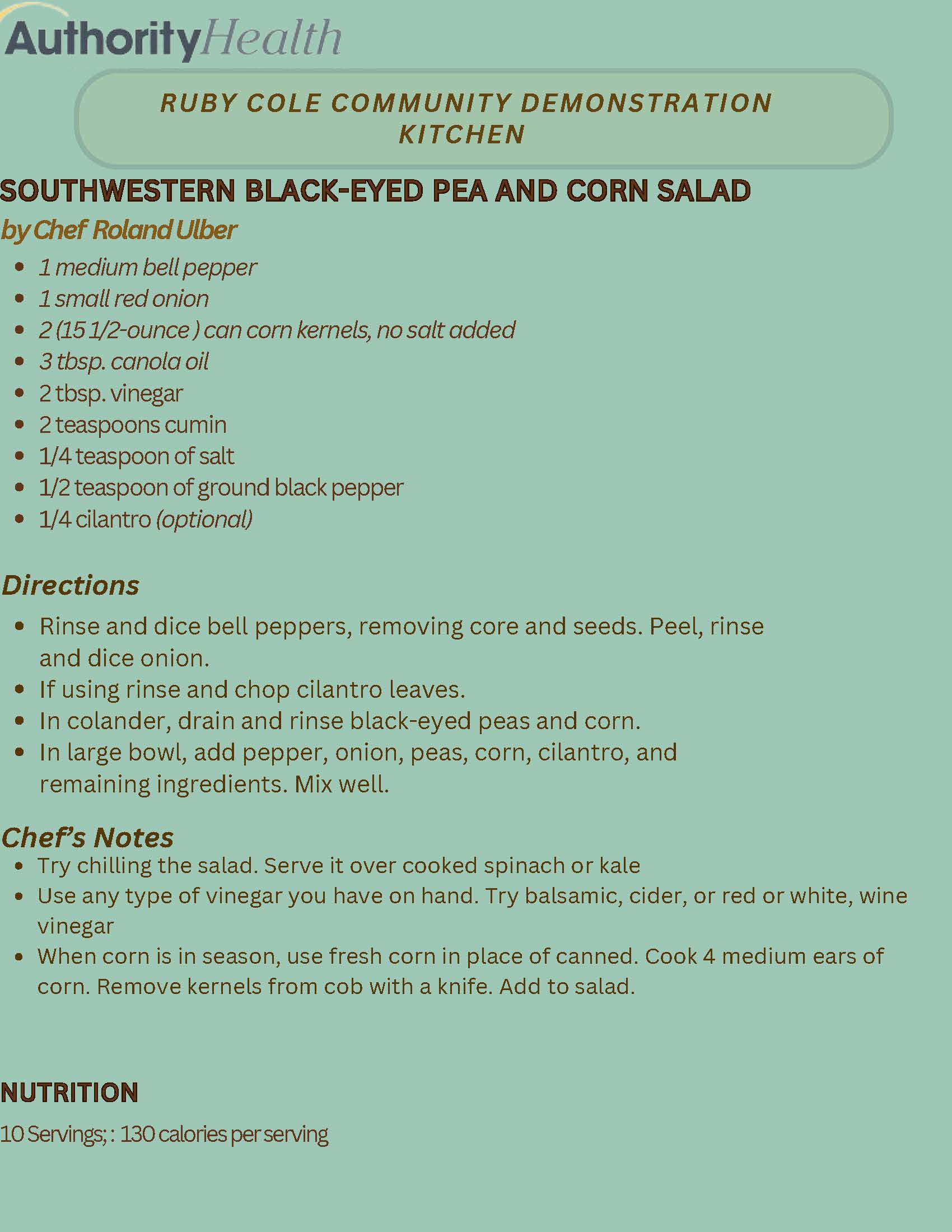 Recipe for Southwestern Black Eyed Pea and Corn Salad with ingredients and instructions.