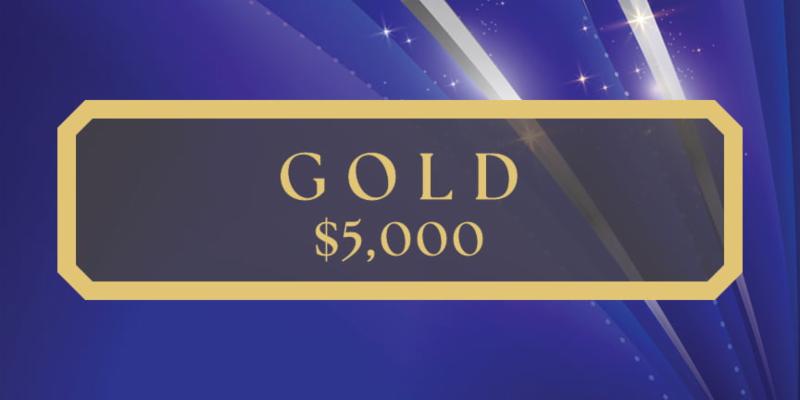 Gold membership card valued at $5,000 with elegant blue and gold design.